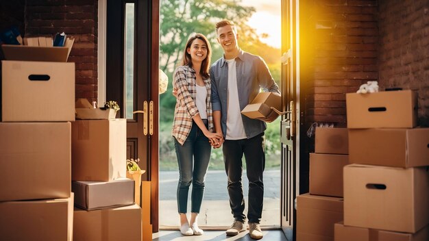 Foto una pareja joven se muda a una nueva casa