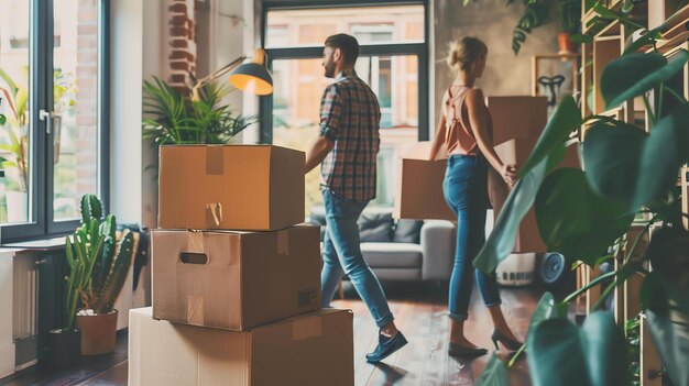 Foto una pareja joven se está mudando a una nueva casa llevan cajas la mujer está sonriendo el hombre está pensando