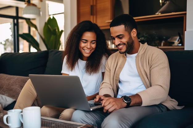 Una pareja joven multirracial viendo una computadora portátil.