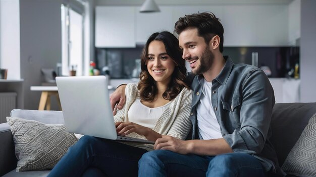 Una pareja joven en un nuevo apartamento usando una computadora portátil