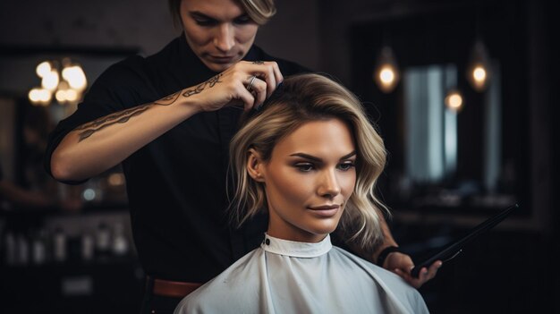 Foto una pareja joven obteniendo un peinado para un corte de pelo en una barbería