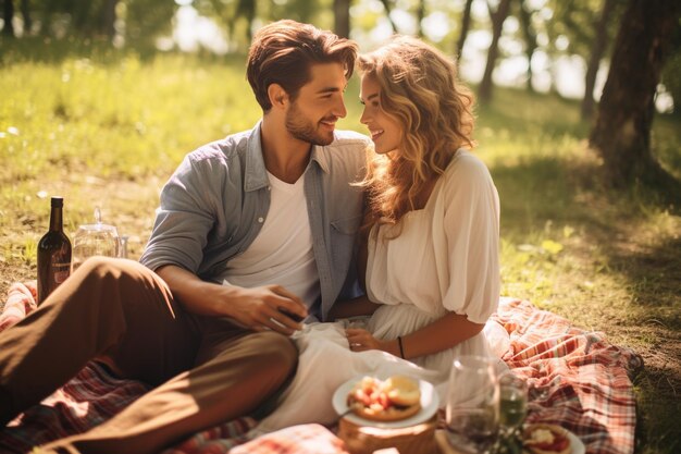 Pareja joven en el parque al aire libre haciendo un picnic