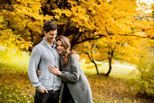 Pareja joven en el parque de otoño