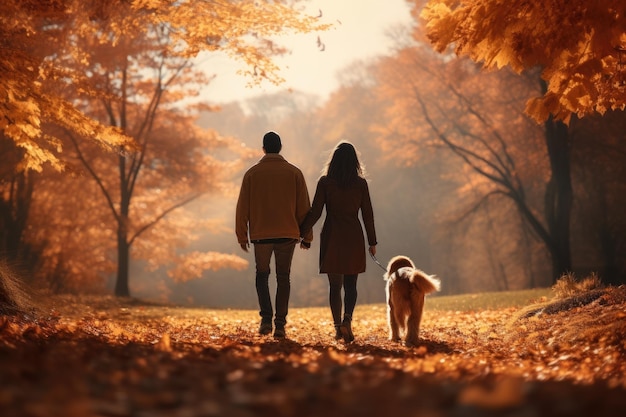 pareja joven paseando a un perro en el parque en el día de otoño el sol brilla Generado por IA