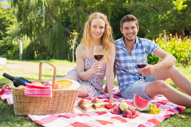 Pareja joven en un picnic bebiendo vino