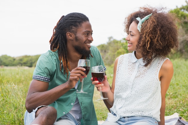 Pareja joven en un picnic bebiendo vino