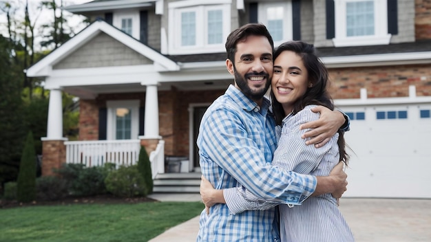 Una pareja joven de pie y abrazados mirando felices frente a su nueva casa