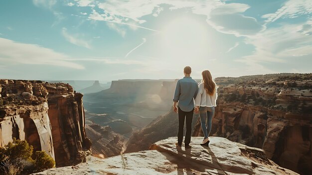 Una pareja joven de pie en un acantilado y mirando el hermoso paisaje