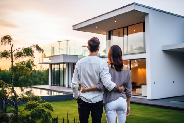 Foto una pareja joven de pie afuera y mirando el hogar de sus sueños