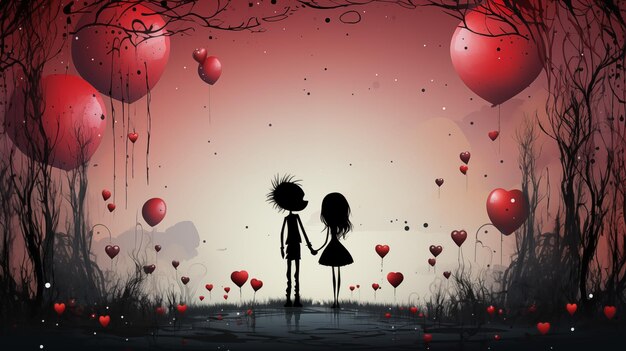 Una pareja joven de pie en medio de un bosque rodeada de globos rojos