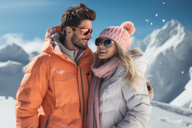 una pareja joven de pie en la nieve