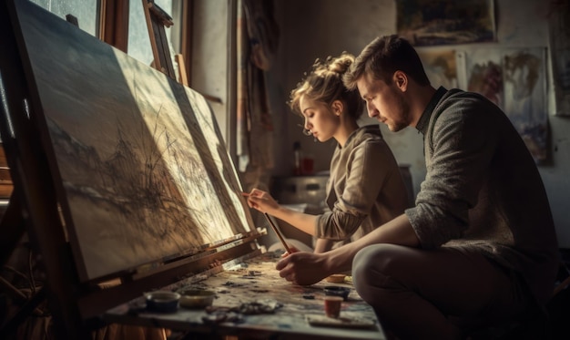 Una pareja joven pintando un cuadro en un estudio.