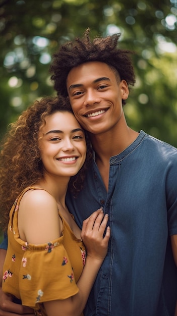 una pareja joven posa para una foto juntos.