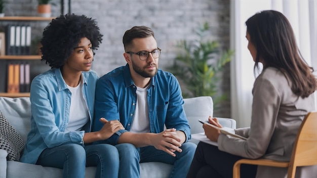 Foto una pareja joven en un psicólogo discutiendo problemas de relación con su terapeuta