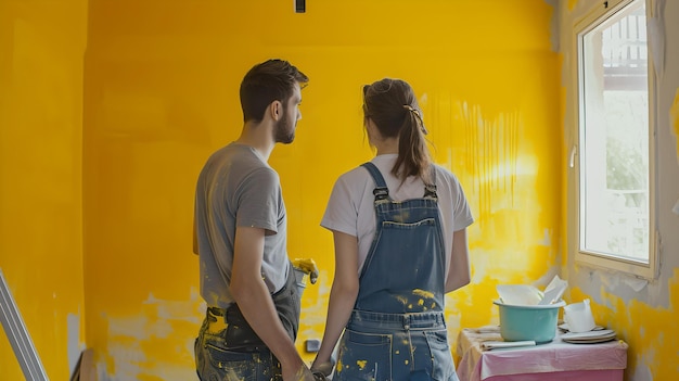 Una pareja joven redecorando su casa juntos pintando las paredes de un ambiente casero amarillo vibrante y