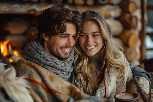 Una pareja joven se relaja en una acogedora cabaña disfrutando de la paz y la quietud de la naturaleza