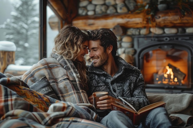 Una pareja joven se relaja en una acogedora cabaña disfrutando de la paz y la quietud de la naturaleza