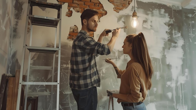 Foto una pareja joven renovando su casa están pintando las paredes y instalando una lámpara