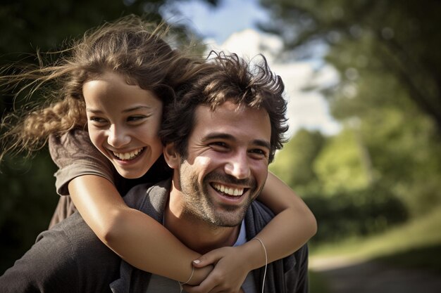 Foto pareja joven riendo y cabalgando en el fondo del estilo bokeh del parque