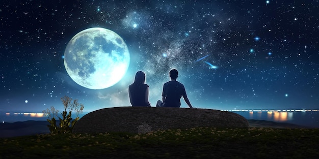 Una pareja joven y romántica, un hombre y una mujer, se sientan en la roca por la noche, observando el mar, el cielo estrellado y la luna grande.