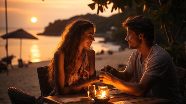 Una pareja joven saliendo en la playa al atardecer una cita romántica por la noche