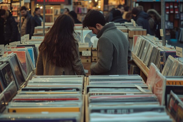 Foto una pareja joven seleccionando lps en el mercado de pulgas francés