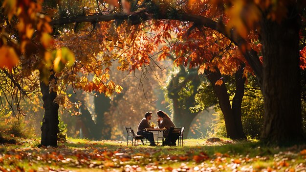 Una pareja joven sentada en un banco en el parque disfrutando de los colores del otoño
