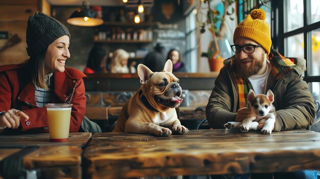 Foto una pareja joven está sentada en una mesa de café bebiendo café y hablando