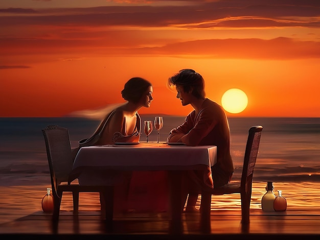 Una pareja joven sentada en una mesa disfrutando de una puesta de sol romántica