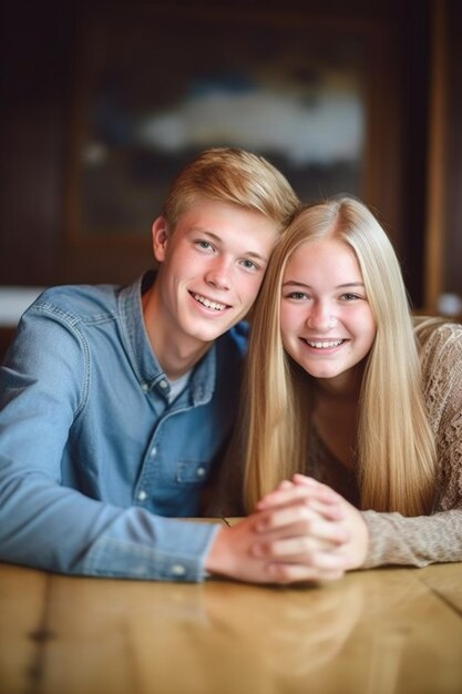 Una pareja joven sentada en una mesa y sonriendo para la cámara creada con ai generativo