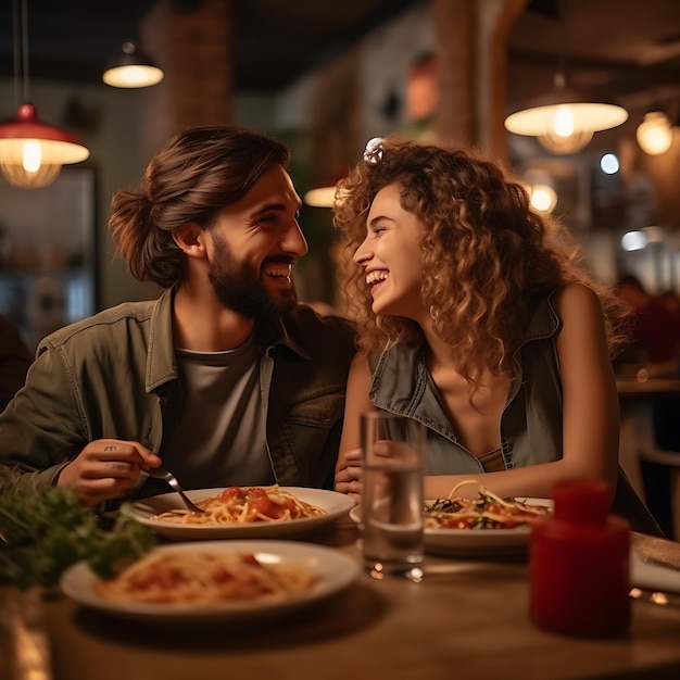 Foto una pareja joven está sentada en un restaurante italiano riendo y divirtiéndose