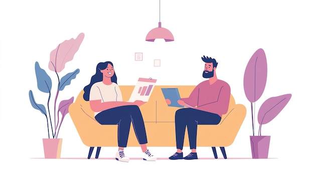 Una pareja joven sentada en un sofá acogedor en una sala de estar moderna discutiendo ideas rodeada de p interiores