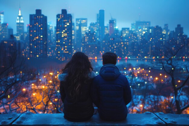Una pareja joven sentada en el techo de un rascacielos en medio de las luces de la ciudad