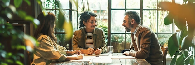 Una pareja joven se sienta en una mesa discutiendo opciones de seguro con un asesor financiero que muestra el plan