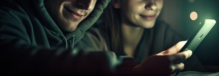 Pareja joven con smartphone en la noche generativa ai