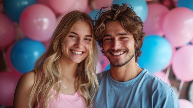 Una pareja joven sobre un fondo de globos rosados y azules fiesta de género