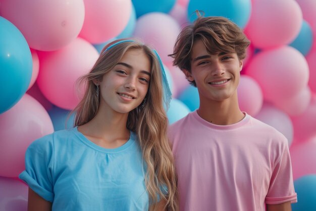 Una pareja joven sobre un fondo de globos rosados y azules fiesta de género