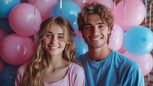 Una pareja joven sobre un fondo de globos rosados y azules fiesta de género