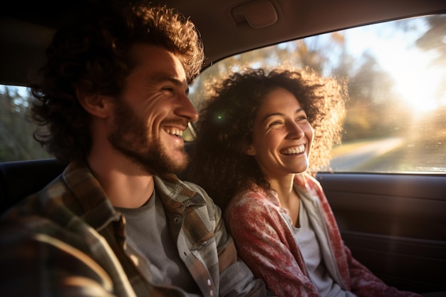 Pareja joven sonriendo en la conducción de automóviles con IA generativa