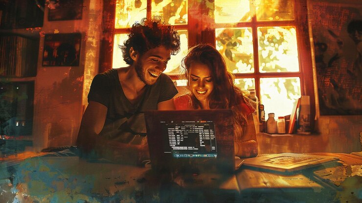 Foto una pareja joven sonriendo mientras admira su trabajo en la pantalla de la computadora portátil en la oficina de casa