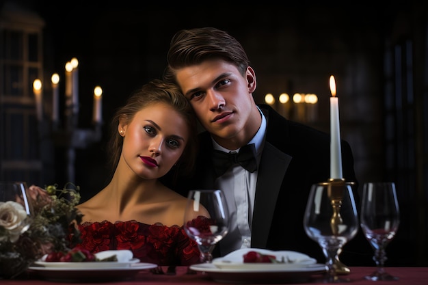 Pareja joven teniendo una cena romántica mirando a la cámara