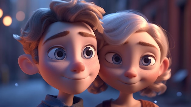 una pareja joven tomando una foto en dibujos animados 3d