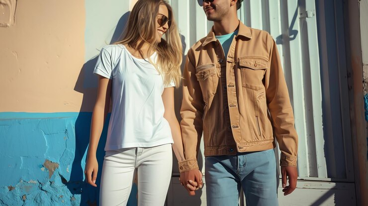 Foto una pareja joven tomándose de la mano y mirándose sonriendo al sol.