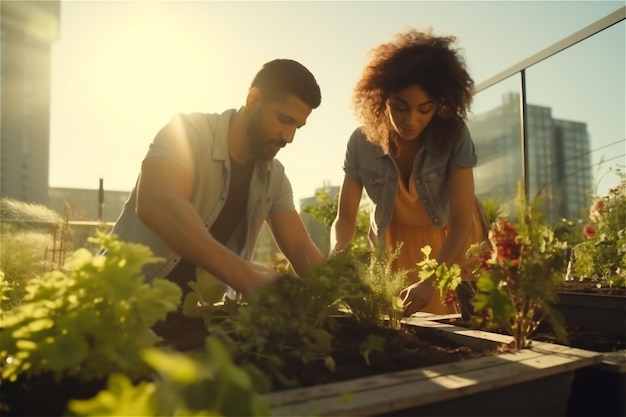 Foto pareja joven trabajando en el jardín de la azotea