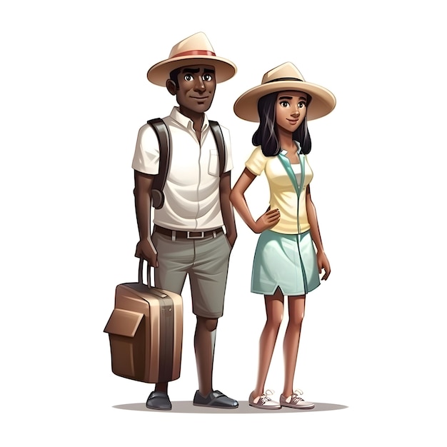 Pareja joven de turistas con maletas Ilustración vectorial aislado sobre fondo blanco