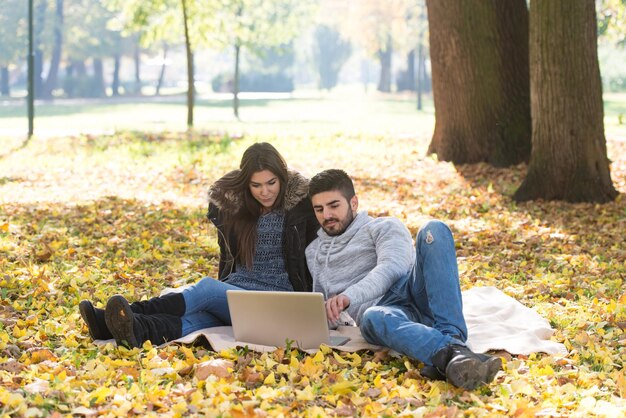 pareja joven, usar la computadora portátil, en, aire libre, en el parque