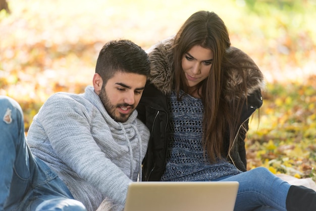 pareja joven, usar la computadora portátil, en, aire libre, en el parque