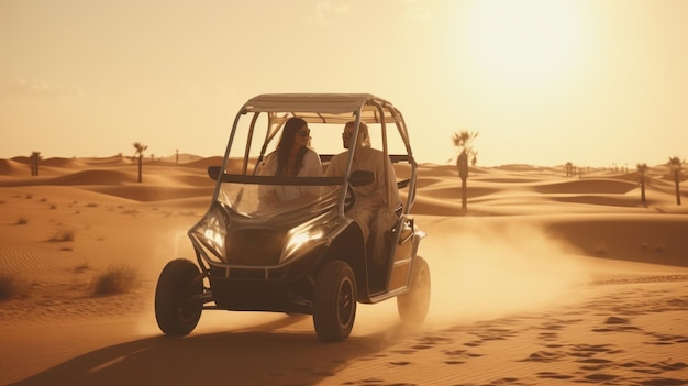 Una pareja joven viaja en un buggy a través del desierto en los Emiratos Árabes Unidos