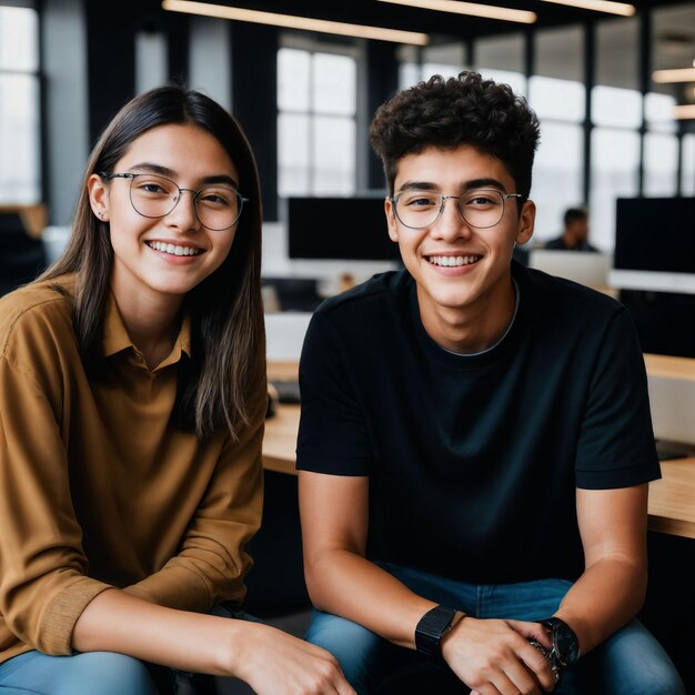 pareja de jóvenes adolescentes felices en el espacio de oficina de trabajo IA generativa