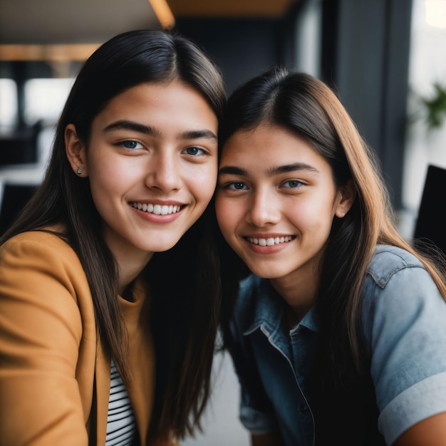 pareja de jóvenes adolescentes felices en el espacio de oficina de trabajo IA generativa